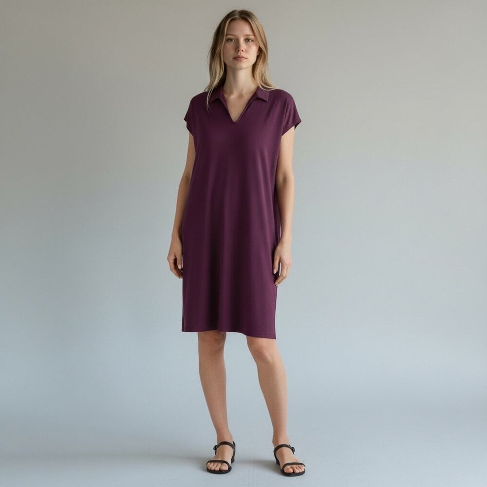 Eileen Fisher Women's Fine Jersey Split Neck‎ Dress Blackberry Purple Size L NWT